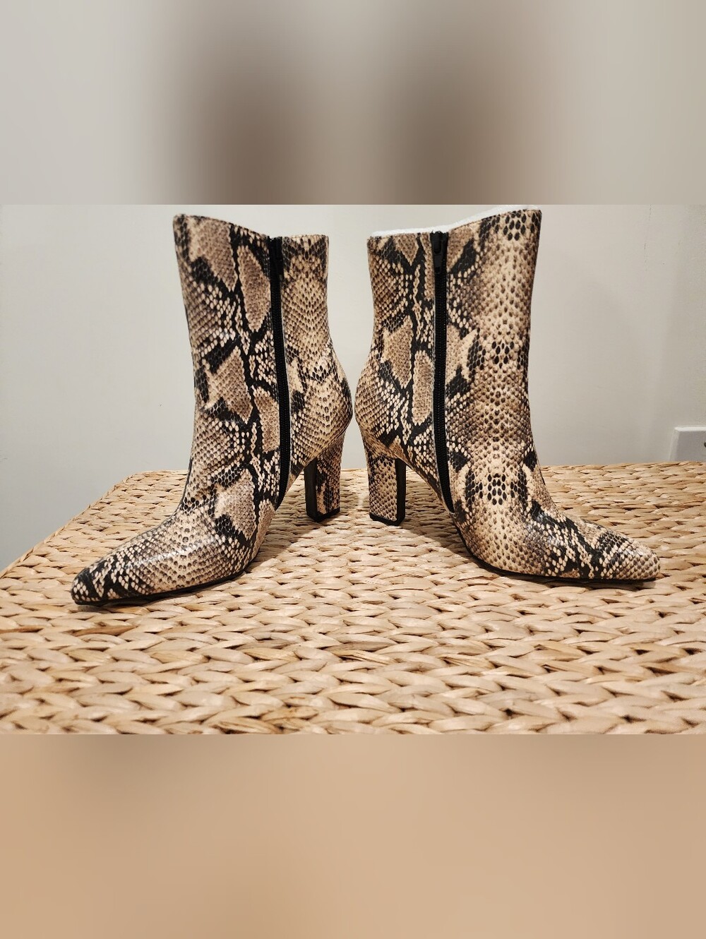 The Limited Snake-Print Ankle Booties in Tan and Black (NWOT)
